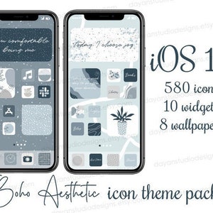 iOS app icons ,Boho IPhone iOS App covers, Blue Aesthetic Home Screen, Abstract App Icon theme pack, Bohemian IOS Wallpapers & Widgets
