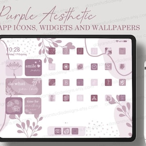 Pode incluir: Ícones de aplicativos, widgets e papéis de parede estéticos roxos para um tablet. Os ícones apresentam uma variedade de designs, incluindo flores, folhas e formas geométricas. O papel de parede apresenta um fundo roxo suave com pontos brancos e um design floral.