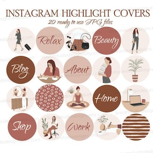 May include: Set of 20 Instagram highlight covers in JPG format. Each cover features a unique design with illustrations and text such as "Relax," "Beauty," "Blog," and "Shop." The color palette includes shades of brown, beige, and white.