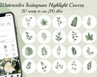 Green Instagram Highlight Covers, Instagram Icons Plants, Leaves Story Covers, Botanical Social Media Icons, Minimalist Icons, Blog branding