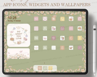 iPad Cottagecore Green iPad App Icons, Widgets Neutrals iOS 14 Icon Pack, Tablet Aesthetic App Covers and Wallpapers