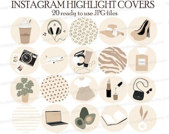 May include: Set of 20 Instagram highlight covers featuring various designs in beige and brown tones. The designs include a coffee cup, headphones, a leopard print, a hat, a shoe, a camera, an airplane, makeup, a zebra print, perfume, a plant, polka dots, a skirt, lipstick, a purse, stripes, a laptop, avocados, and a book.
