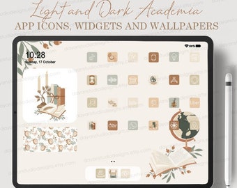 Dark & Light Academia iPad App Icons Aesthetic Wallpapers and Widgets, Hand Drawn iOS Tablet Home Screen, Cozy Bookish Library Cover Pack