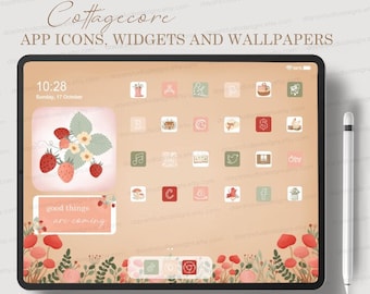 Cottagecore iPad App Icon Pack, Cute App Icons, iPad widgets wallpapers, iOS Aesthetic Kawaii Tablet App Covers, flowers strawberry mushroom