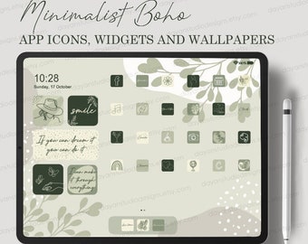 Boho Green iPad Desktop Icons, Green iPad App Icons, Boho iOS 14 15 18 Icon Pack, Boho Green iPad Desktop Icons, iPad Wallpapers and Widgets