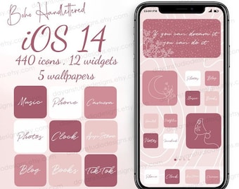 May include: A pink and white iPhone screen with a boho-style design. The screen features a quote, "If you can dream it, you can do it." and a grid of app icons with names like "Music", "Photos", "Clock", and "Blog".
