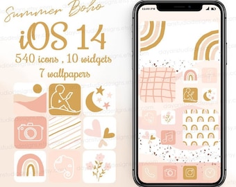 Summer Boho Aesthetic iOS App Icons Bundle, iPhone App covers, Phone Widgets & Wallpapers, iOS 18  icons, Digital Download iOS 26 icons