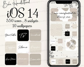 iOS-apppictogrammen Zwart, crème, wit, themapakket iPhone Esthetic-pictogram, bundel met app-covers, minimalistisch iPhone-startscherm, widgets en achtergronden