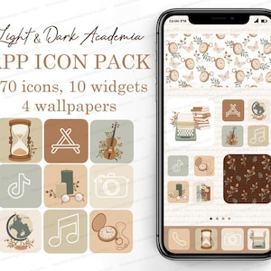 Vintage Light & Dark Academia iOS App Icons Set, Aesthetic iPhone Wallpapers Widgets, Classic App Covers, Book Lovers Hand drawn Boho design