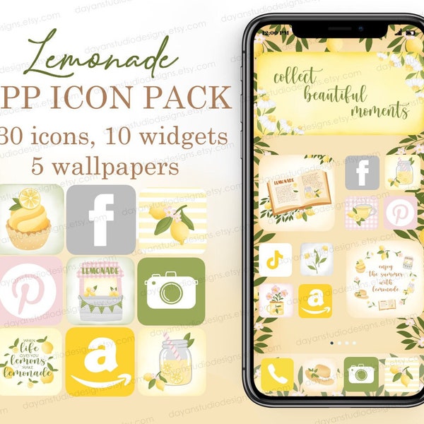 iOS app icons Lemon Aesthetic, iPhone Icon pack, Phone Wallpapers & Widgets, Cute app covers, Lemonade Phone theme pack, Android background