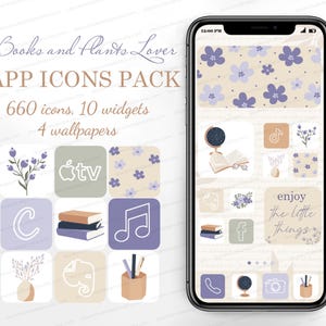 May include: A digital app icon pack featuring 660 icons, 10 widgets, and 4 wallpapers with a books and plants theme. The design includes soft purple, beige, and sage green colors with floral patterns, book stacks, globes, and the text enjoy the little things.