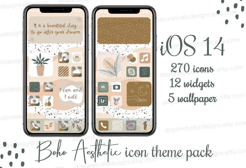 Bohemian IPhone iOS 14 App icons Theme Pack, Cream Beige Aesthetic Home Screen, Abstract App Icon Bundle, IOS 15 Boho Wallpaper & Widgets 