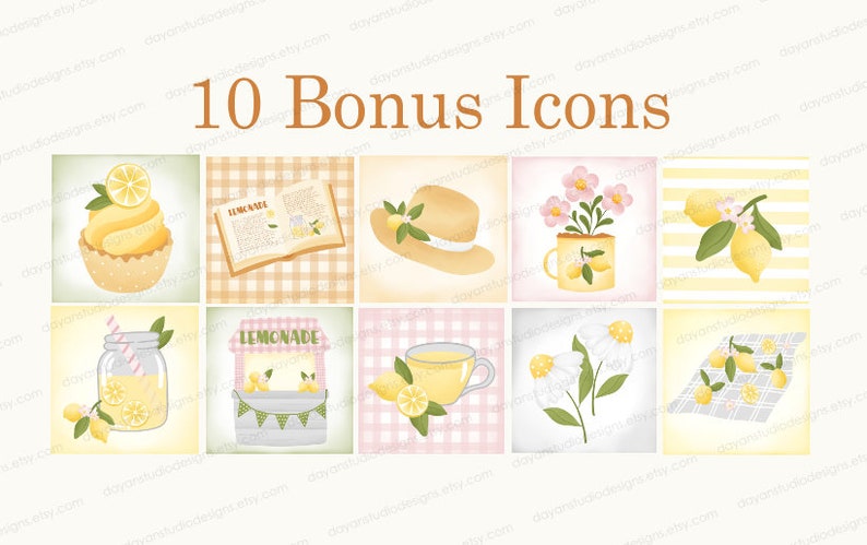 May include: Ten bonus icons featuring a variety of summer-themed illustrations, including lemonade, lemons, flowers, and a hat. The icons are in a cartoon style and are perfect for adding a touch of summer fun to your designs.