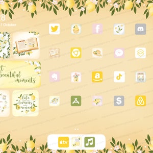 May include: A set of 20 yellow and white lemon-themed app icons for a phone or computer. The icons feature lemons, lemonade, and other summery designs. The text "collect beautiful moments" is at the top of the image.