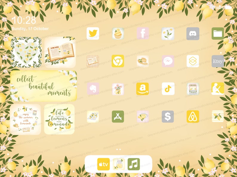 May include: A set of 20 yellow and white lemon-themed app icons for a phone or computer. The icons feature lemons, lemonade, and other summery designs. The text "collect beautiful moments" is at the top of the image.