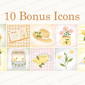 May include: Ten illustrated icons featuring a variety of summer-themed images, including lemonade, lemons, flowers, and a hat. The icons are in a grid format with a light background and a checkered pattern.