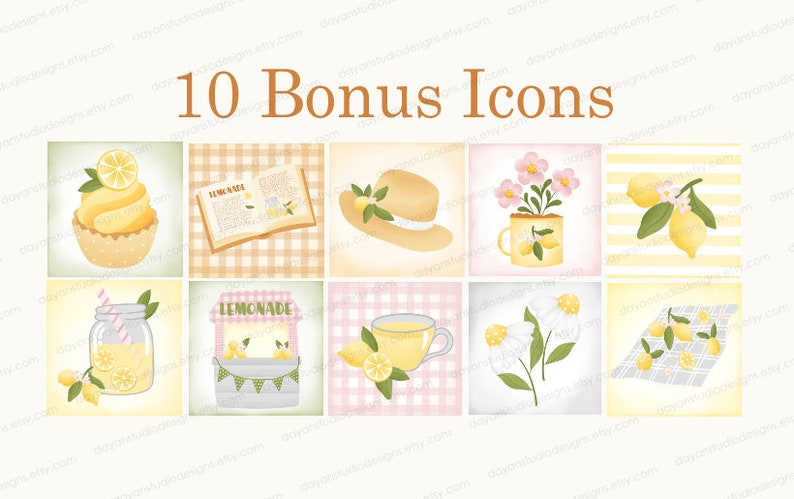 May include: Ten illustrated icons featuring a variety of summer-themed images, including lemonade, lemons, flowers, and a hat. The icons are in a grid format with a light background and a checkered pattern.