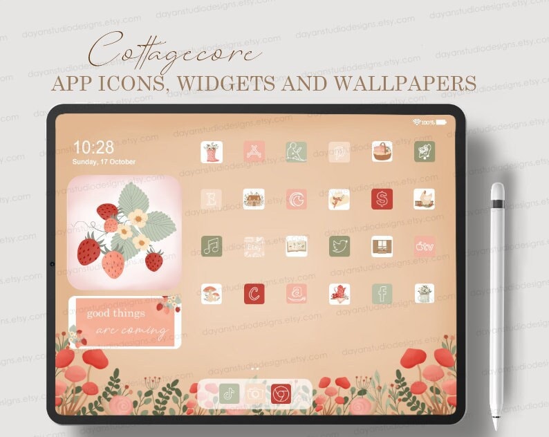 Cottagecore iPad App Icon Pack, Cute iOS App Icons, iPad widgets wallpapers, Summer Aesthetic Tablet App Covers, flowers strawberry mushroom
