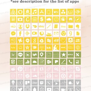 May include: A grid of 120 app icons in six different colors: yellow, green, pink, gray, white, and black. The icons are arranged in rows and columns, with each icon representing a different app. The text "All 120 icons in 6 colors each" is at the top of the grid, and the text "*see description for the list of apps" is below the grid.