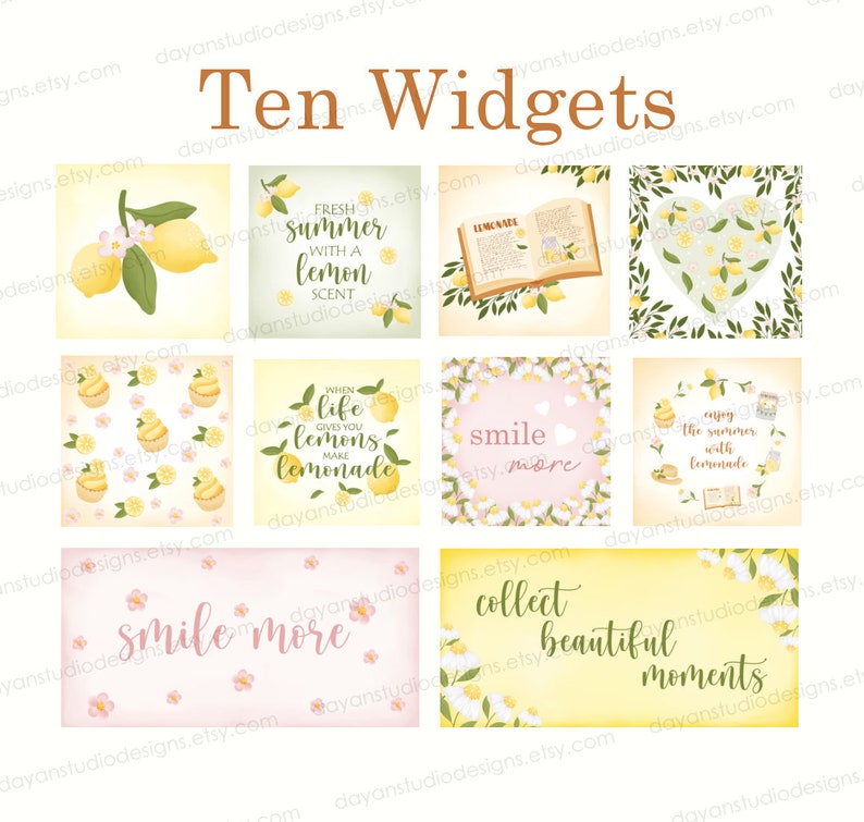 May include: Ten colorful digital planner widgets with lemon and floral themes. The widgets feature text such as "Fresh Summer with a Lemon Scent", "When Life Gives You Lemons Make Lemonade", "Smile More", "Enjoy the Summer with Lemonade", and "Collect Beautiful Moments".