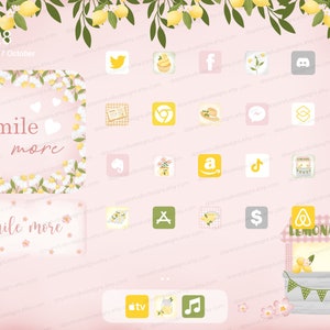May include: A set of 25 digital icons for social media featuring a lemon theme. The icons are in a grid pattern on a pink background with white flowers and green leaves. The icons include popular social media platforms such as Twitter, Facebook, Instagram, TikTok, Etsy, and Amazon. The icons also include a lemonade stand, a cup of tea, a music note, and a TV.