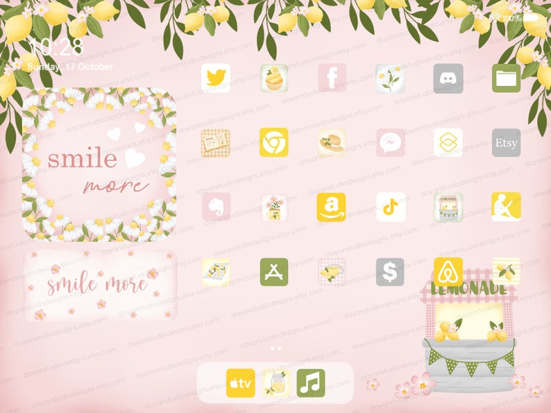 May include: A set of 25 digital icons for social media featuring a lemon theme. The icons are in a grid pattern on a pink background with white flowers and green leaves. The icons include popular social media platforms such as Twitter, Facebook, Instagram, TikTok, Etsy, and Amazon. The icons also include a lemonade stand, a cup of tea, a music note, and a TV.