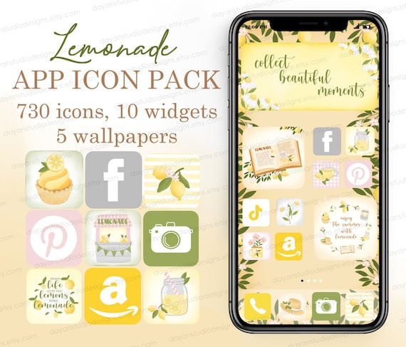 iOS app icons Lemon Aesthetic, iPhone Icon pack, Phone Wallpapers & Widgets, Cute app covers, Lemonade Phone theme pack, Android background