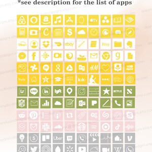 May include: A grid of 120 app icons in six different colours: yellow, green, pink, grey, white, and black. The icons are arranged in rows and columns, with each icon representing a different app. The icons are all in a square format and have a white background.