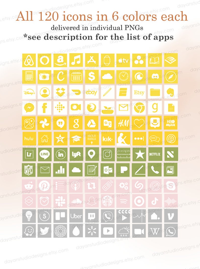 May include: A grid of 120 app icons in six different colours: yellow, green, pink, grey, white, and black. The icons are arranged in rows and columns, with each icon representing a different app. The icons are all in a square format and have a white background.