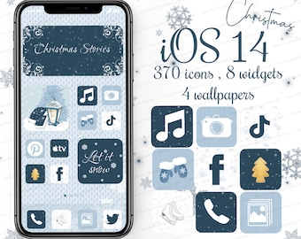 May include: A blue and white phone screen with a winter theme. The screen shows a collection of app icons with a Christmas theme. The text "Christmas Stories" is at the top of the screen. The text "iOS 14" is at the top of the image. The text "370 icons, 8 widgets, 4 wallpapers" is below the text "iOS 14".