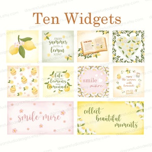 May include: Ten digital planner widgets with a lemon theme. The widgets feature yellow lemons, green leaves, white flowers, and text that says "Fresh Summer with a Lemon Scent", "When Life Gives You Lemons Make Lemonade", "Smile More", "Enjoy the Summer with Lemonade", "Collect Beautiful Moments", and "Lemonade".