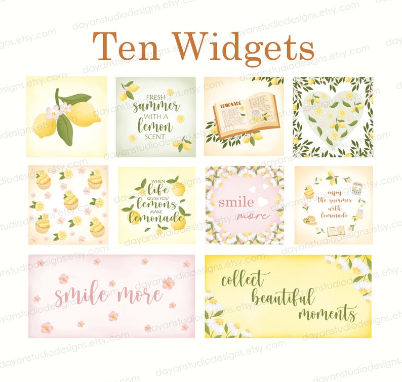 May include: Ten digital planner widgets with a lemon theme. The widgets feature yellow lemons, green leaves, white flowers, and text that says "Fresh Summer with a Lemon Scent", "When Life Gives You Lemons Make Lemonade", "Smile More", "Enjoy the Summer with Lemonade", "Collect Beautiful Moments", and "Lemonade".