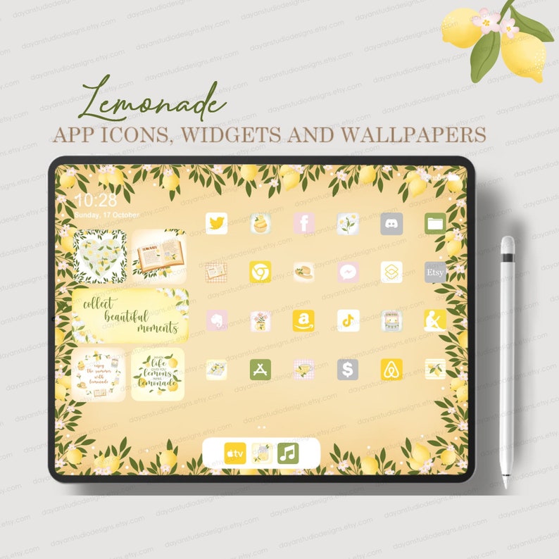 May include: A digital tablet screen with a yellow background and a border of green leaves and lemons. The screen displays a collection of app icons, widgets, and wallpapers with a lemonade theme. The text "Lemonade" is at the top of the screen, and the text "APP ICONS, WIDGETS AND WALLPAPERS" is below it.