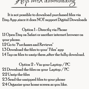 May include: A black and white text-based image with instructions on how to download purchased files from Etsy. The image explains that the Etsy app does not support digital downloads and provides two options for downloading files: directly via phone or via laptop/PC.