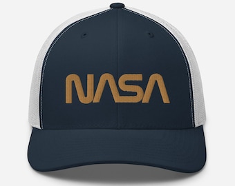 NASA cap, gold NASA trucker cap, mesh trucker cap, gold NASA on blue trucker cap with white mesh on back