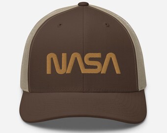 Khaki NASA cap, mesh trucker cap, brown mesh cap, brown color NASA on khaki mesh trucker cap