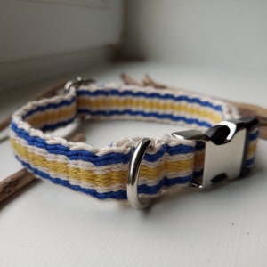 Handwoven Dog Collar Cotton, Pet Puppy, Handmade, Yellow White Blue Sailor Nautical Stripe Woven By Hand in UK on Mapuche Loom.