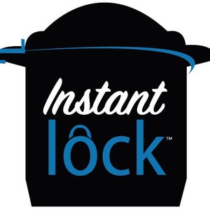 May include: A black Instant Pot with a blue logo that says "Instant lock" with a trademark symbol.