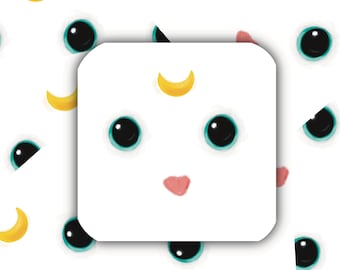 May include: A white background with a repeating pattern of black eyes, yellow crescent moons, and pink hearts. A white square with a yellow crescent moon, two black eyes with teal irises, and a pink heart is in the center of the image.