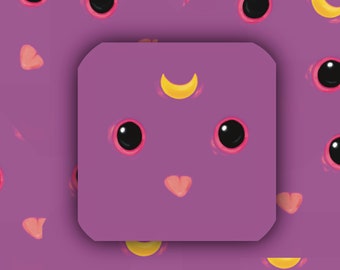 May include: Purple background with a repeating pattern of pink eyes, pink tongues, and yellow crescent moons. The center of the image is a square with a purple background and a single pink-eyed face with a yellow crescent moon above it.