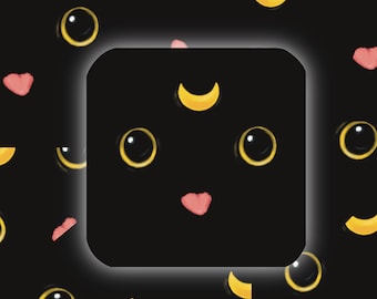 May include: A black square with a white outline, featuring a stylized black cat face with yellow eyes and a pink nose. The background is a black and yellow pattern of crescent moons and black circles.