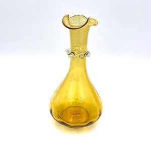 Vintage Rainbow Glass Amber Art Glass Hand Blown Collectible Ruffled Vase with Clear Ribbon Decoration