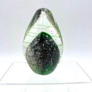 Vintage Handblown Glass Green & Silver Swirl Egg Paperweight