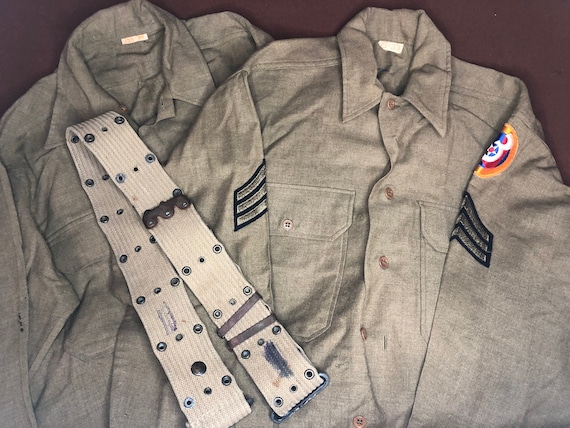 2 Vintage WW2 Era 1940s Military Shirts with belt