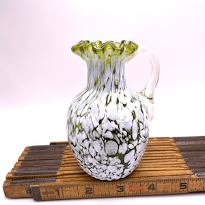 Vintage Miniature Green with White Enamel Splatter/Paint Hand Blown Glass Collectible Pitcher