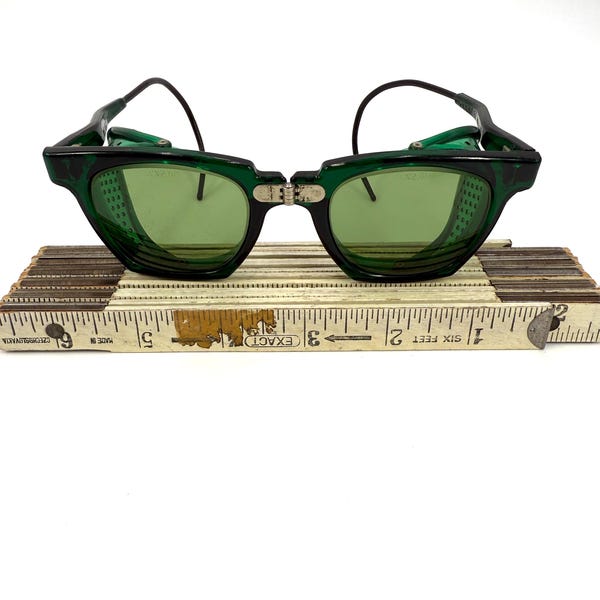 Vintage Green Foldable Willson Safety Glasses with Green Lenses and Side Shields
