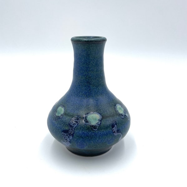 Vintage Handmade Studio Ceramic Blue with Green Dot Small Bud Vase