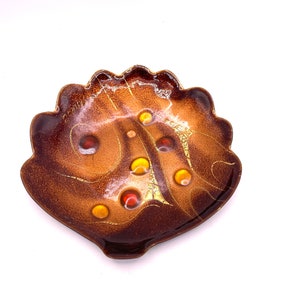 Vintage Mid Century Enamel on Copper Decorative Abstract Plate by Sascha Brastoff- Leaf Shape with Brown, Gold and Orange Design