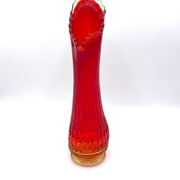 Vintage 17 inch LE Smith Thousand Eye Amberina Swung/Sling Vase, Mid Century Glass