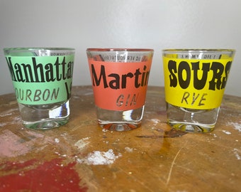 Set of 3 Vintage Mid Century Shot Glasses with Drink Recipes - Martini, Manhattan and Sours Rye/ Vintage Barware